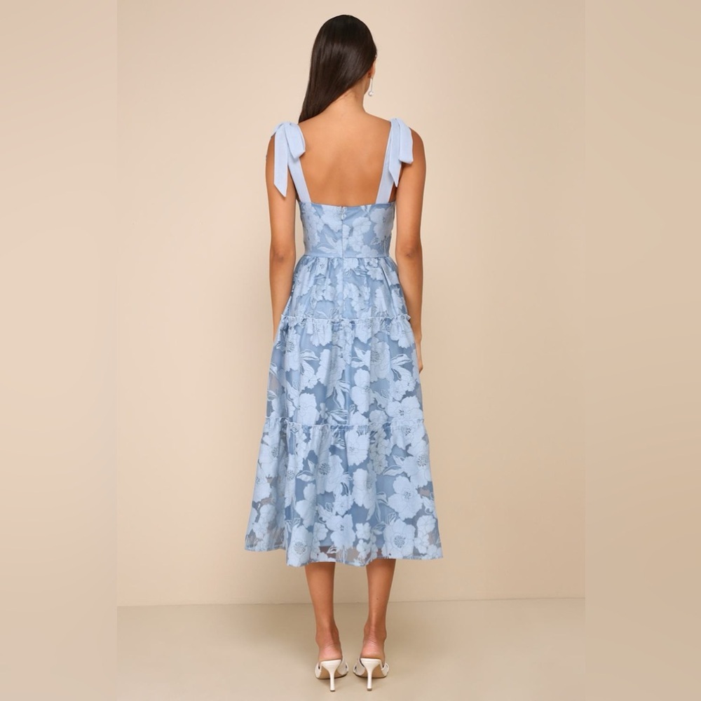 LULU’S Proof Of Perfection Blue Floral Tiered Tie-Strap Midi Dress - Picture 5 of 5